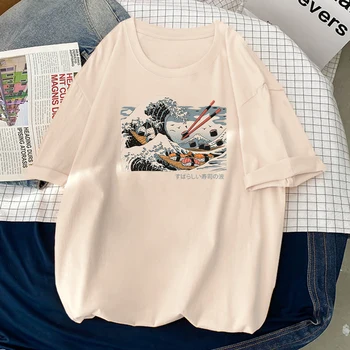 Tshirts Liels Suši Vilnis Ukiyoe Japāņu Kultūru Drukāt, Sieviešu T-Krekli Modē, Elpojošs T Streetwear Maiga Meitene Apģērbs