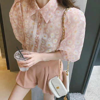 Houthion Sieviešu Blūze korejas Krekls Daisy Atloks Top Brīvs Modes Blūzes Gadījuma Vasarā Jaunu Stilu Vidū piedurknēm Topi