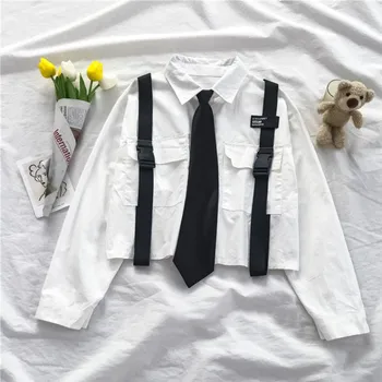 YBYR Harajuka Sieviešu Krekli Un Blūzes, Sievišķīgi Sasiet Kabatas Top Gadījuma Baltā Kārta-Apkakle OL Style Sieviešu Blūzes Streetwear