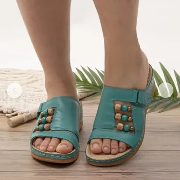 Ir 2021. Vasaras Sievietes Āra Open Toe Sandales Vintage Anti-slip Elpojošs Velcro Ķīļi Tupele Modes String Biezumu Sieviešu Kurpes
