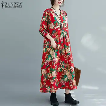 Kaftan Pavasara Printed Kleita Sieviešu Ziedu Sundress ir 2021. ZANZEA Gadījuma garām Piedurknēm Maxi Vestidos Sieviešu V Kakla Drēbes Lielgabarīta