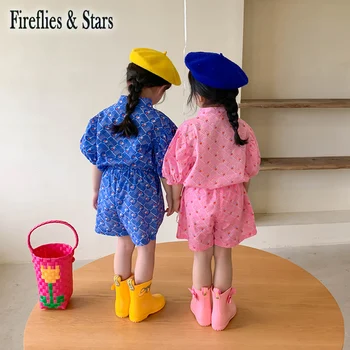 Vasarā Meitenes, 2 Gab. Komplekts Bērnu Blūze + Bikses, Svārki Bērniem Uzvalks Bērnu Modes Apģērbu Ziedu Pogu Puff Piedurknēm No 2 Līdz 9 Gadiem
