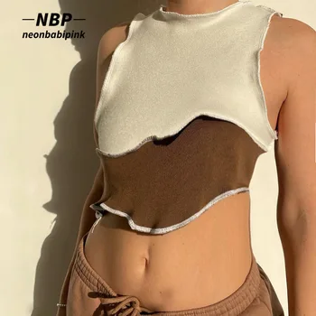 NEONBABIPINK Kontrasts Valdziņu Colorblock Y2k Apgrieztu Augšu Elegants Apģērbs Sievietēm Vasarā Ir 2021. Asimetriska Indie Sexy T Krekli N85-AD10