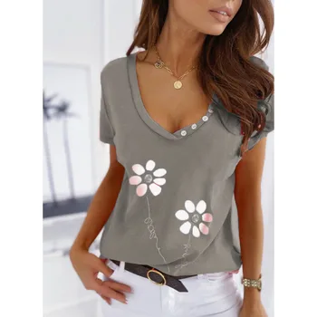 Vasaras tīrtoņa Krāsu Drukāšana V-veida kakla Īsām piedurknēm T-krekls Sievietēm Modes Kokvilnas Plus Lieluma Apģērbu, Sieviešu Zaudēt Ikdienas Topi